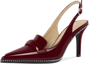 Esvowido Women 3.5" Slingback High Heel Pumps Stilettos Beaded Pointed Toe Shoes Slip On Loafers Pumps Patent Leather High Heel Shoes for Women
