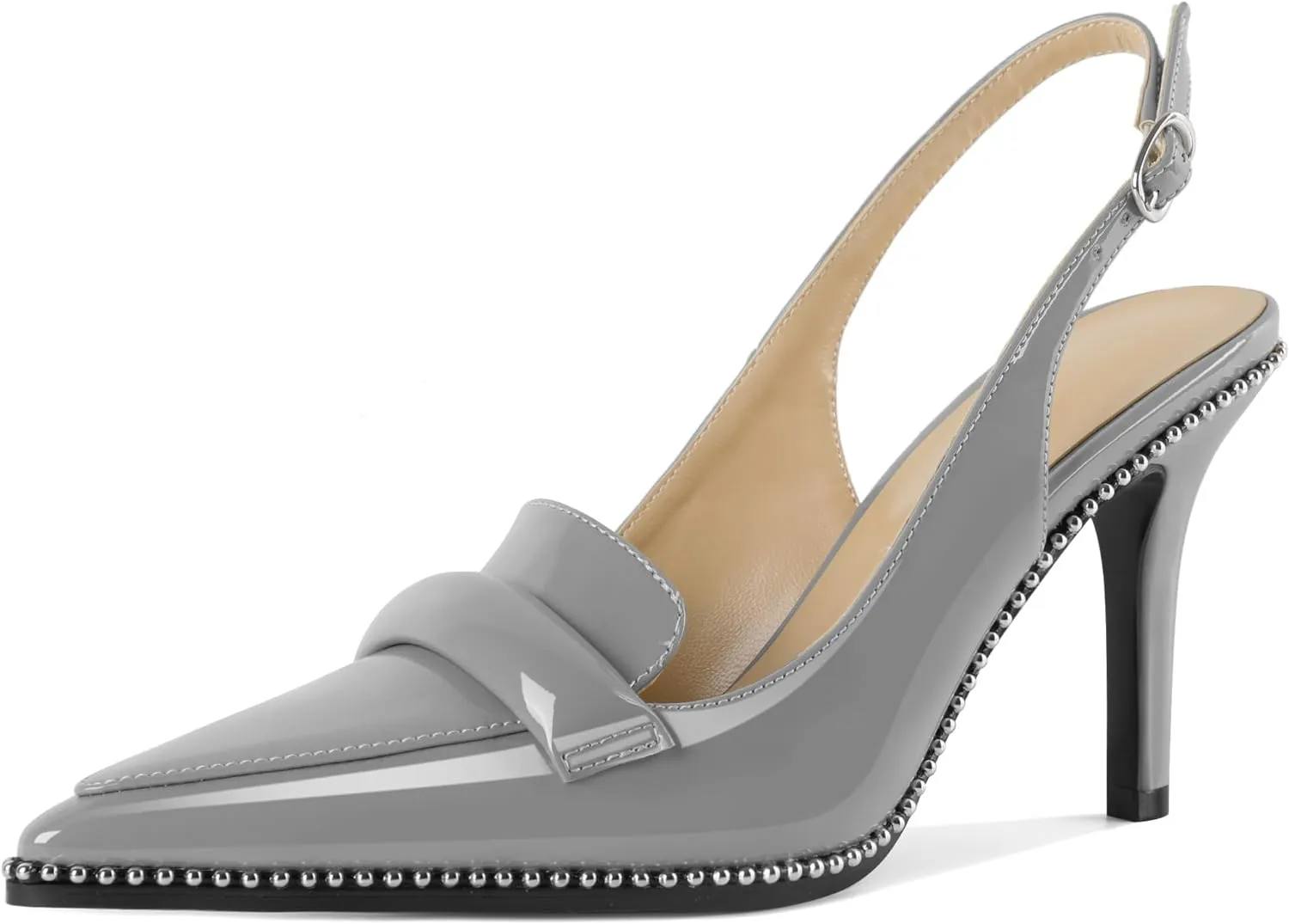 Esvowido Women 3.5" Slingback High Heel Pumps Stilettos Beaded Pointed Toe Shoes Slip On Loafers Pumps Patent Leather High Heel Shoes for Women