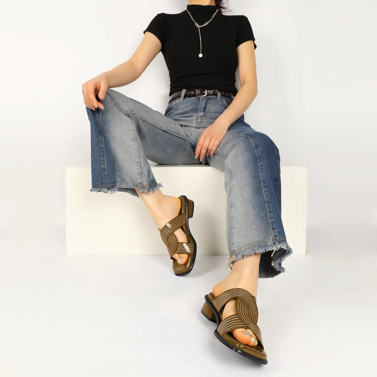 Esvowido Women Low Heel Sandals Square Open Toe Block Chunky Heel Slip On Mules Summer Casual Beach Vacation 1.25 Inch Shoes