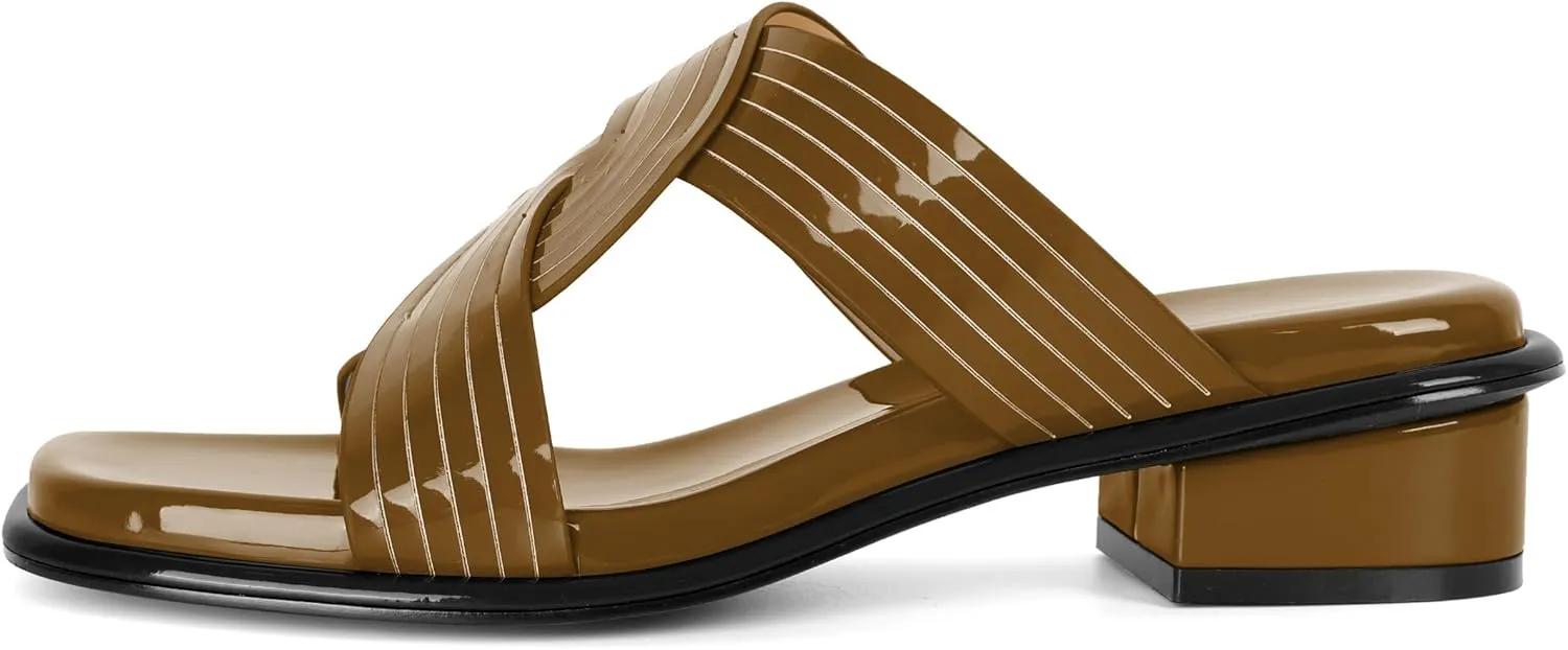 Esvowido Women Low Heel Sandals Square Open Toe Block Chunky Heel Slip On Mules Summer Casual Beach Vacation 1.25 Inch Shoes