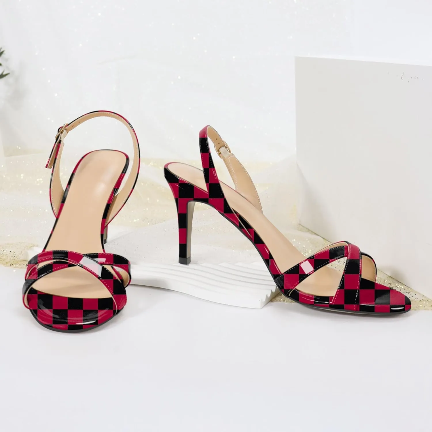 Esvowido Women's Heeled Sandals Open Toe Stilettos Slingback Ankle Strap High Heels Cross Strappy Wedding Bridal Party Office Shoes 3.4 Inch