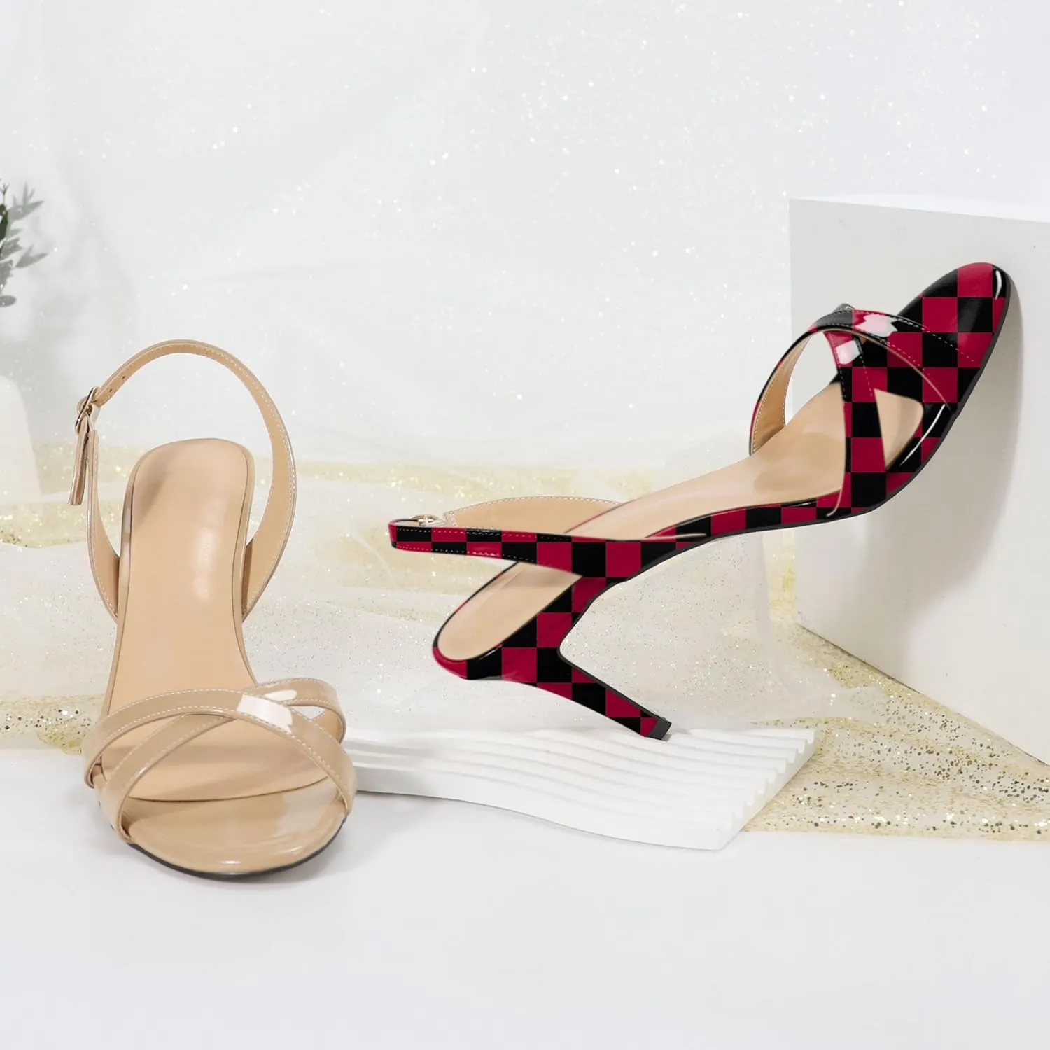 Esvowido Women's Heeled Sandals Open Toe Stilettos Slingback Ankle Strap High Heels Cross Strappy Wedding Bridal Party Office Shoes 3.4 Inch