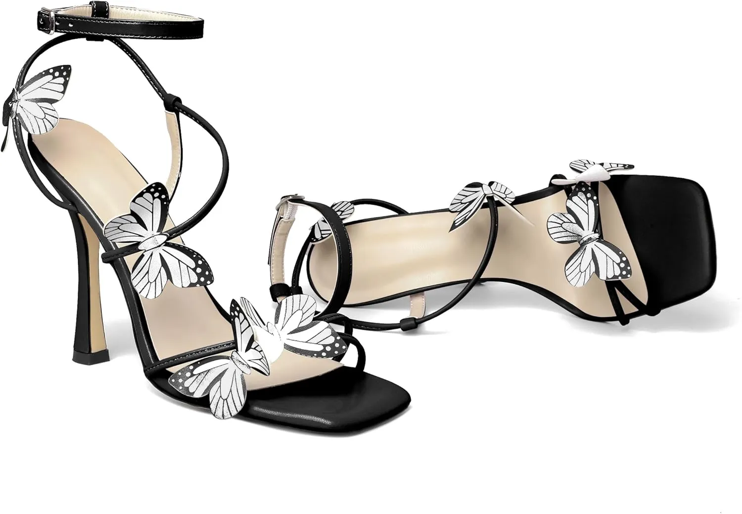 Esvowido Women's High Heel Sandals, Ankle Strap Strappy Butterfly Heels, Square Open Toe Stiletto Heeled Sandals 4 Inches