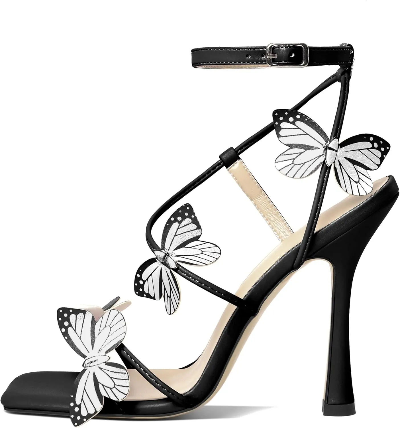 Esvowido Women's High Heel Sandals, Ankle Strap Strappy Butterfly Heels, Square Open Toe Stiletto Heeled Sandals 4 Inches
