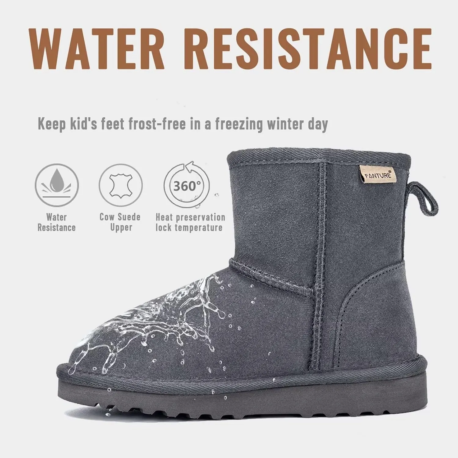 FANTURE Kids Snow Boots Boys Girls Winter Boots Cow Suede Warm Faux Fur Lined Durable Shoes(Little Kid/Big Kid)