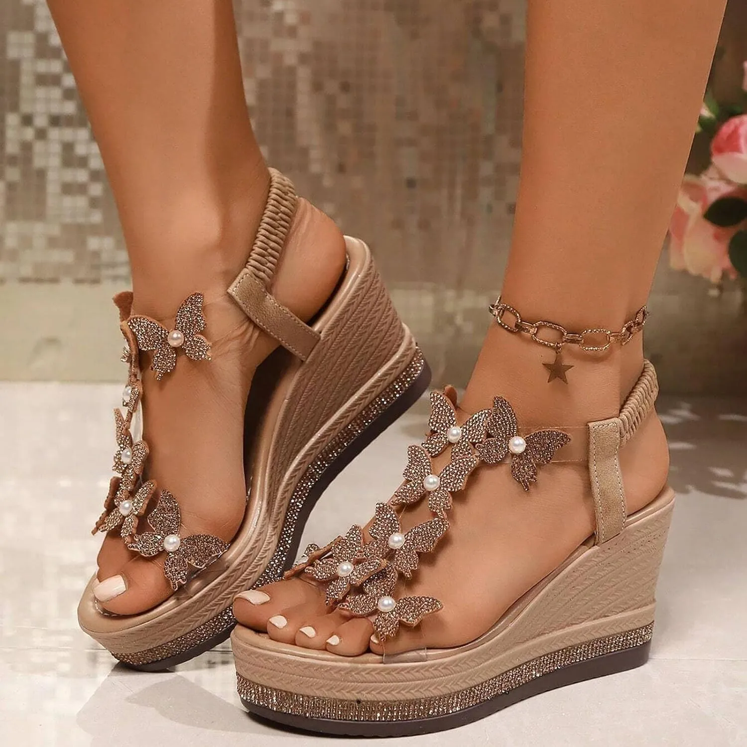 Fashion Women's Comfort Wedge Sandals With Bow Decoration And Rhinestone Detail Casual Roman Women Wedge Sandals Size 11