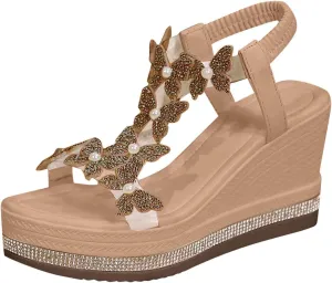 Fashion Women's Comfort Wedge Sandals With Bow Decoration And Rhinestone Detail Casual Roman Women Wedge Sandals Size 11