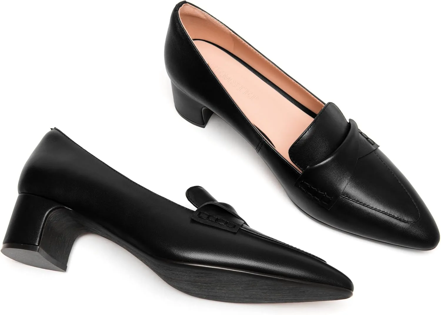 FEMSTEP Womens Pointed Toe Slip On Business Matte Leather Formal Chunky Low Heel Loafers Shoes 1.5 Inch