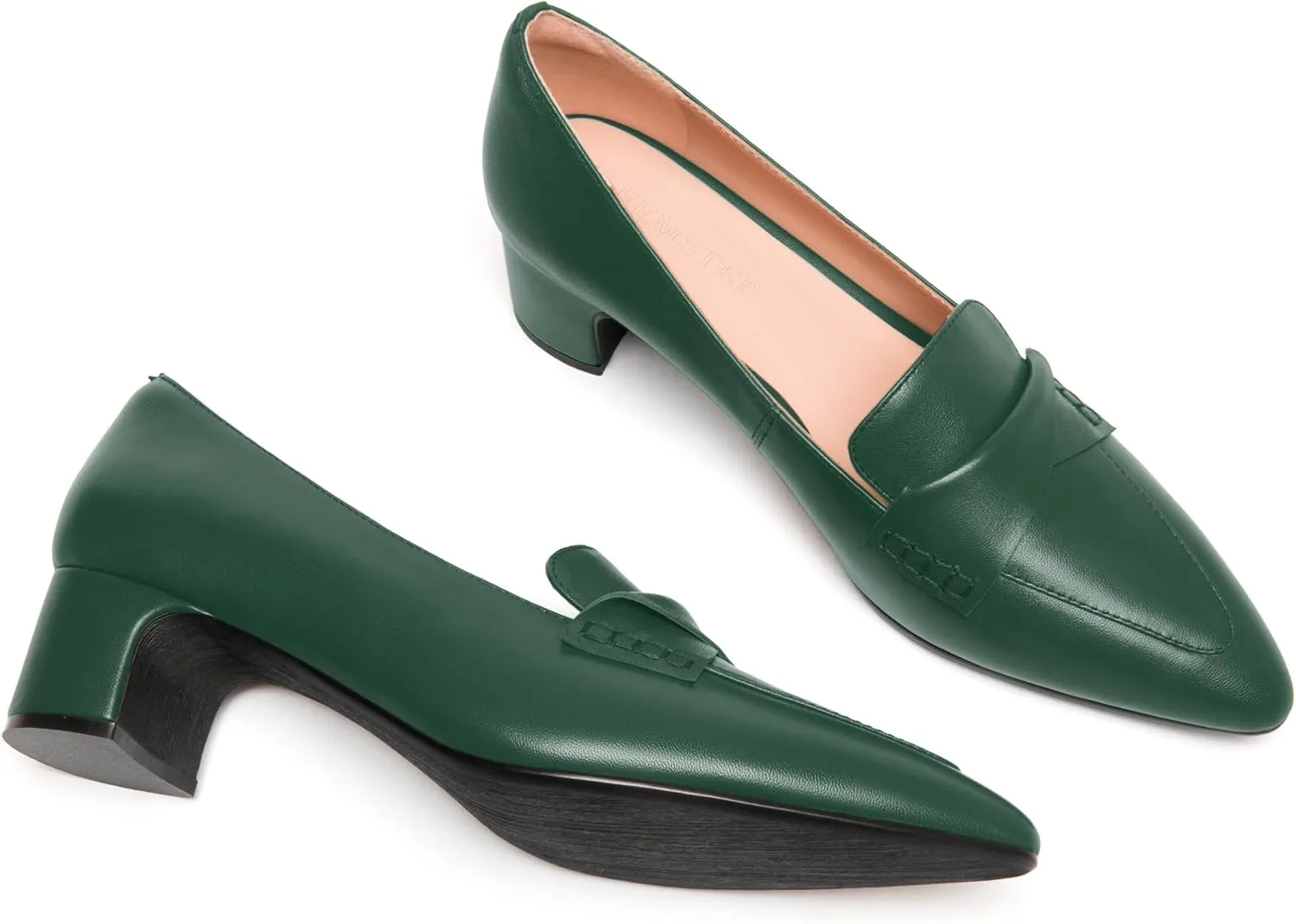 FEMSTEP Womens Pointed Toe Slip On Business Matte Leather Formal Chunky Low Heel Loafers Shoes 1.5 Inch