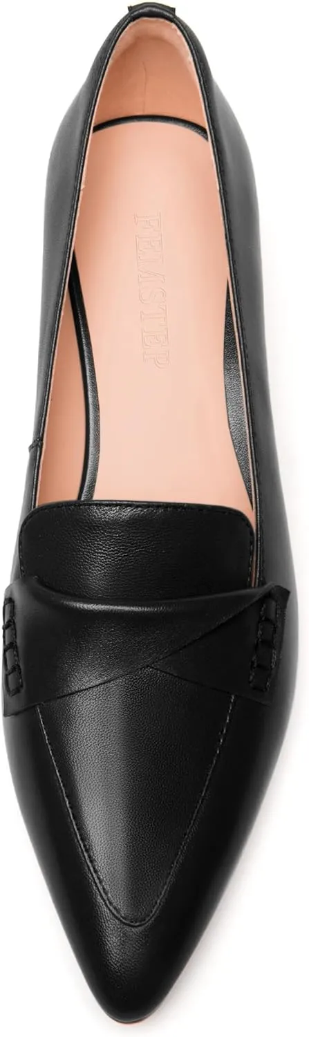 FEMSTEP Womens Pointed Toe Slip On Business Matte Leather Formal Chunky Low Heel Loafers Shoes 1.5 Inch