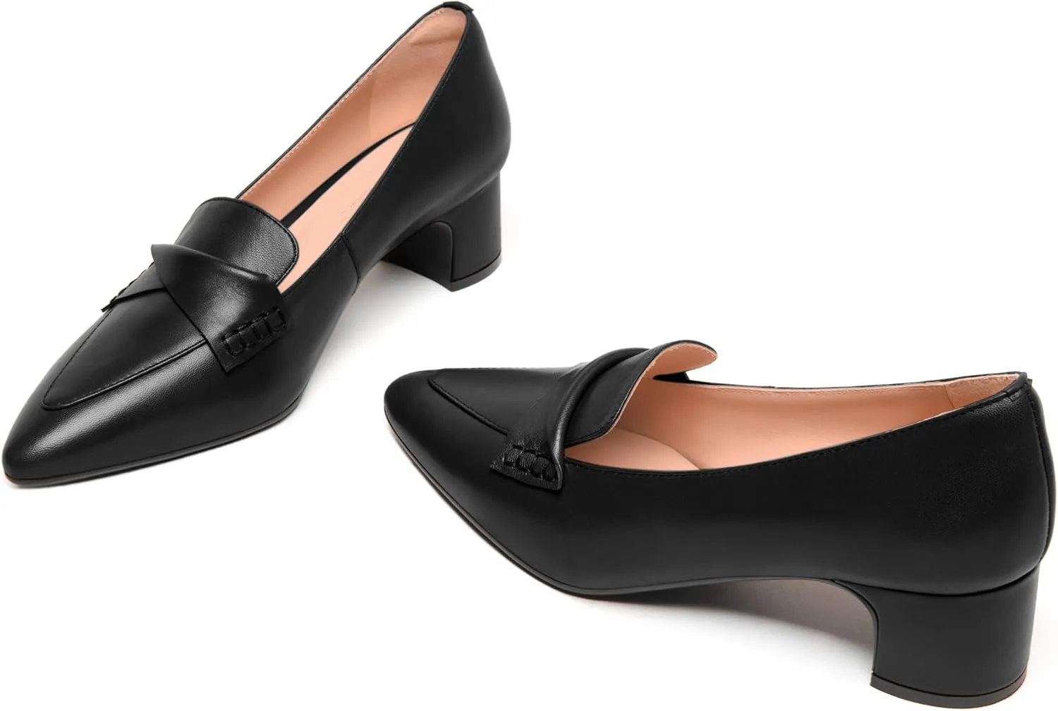 FEMSTEP Womens Pointed Toe Slip On Business Matte Leather Formal Chunky Low Heel Loafers Shoes 1.5 Inch