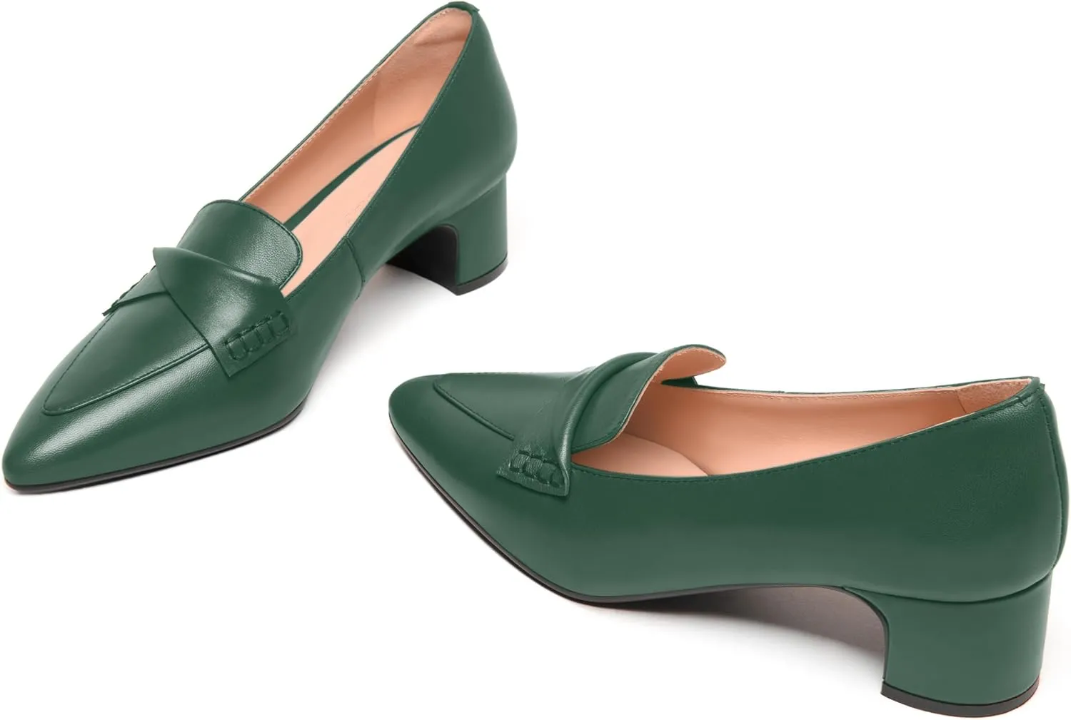 FEMSTEP Womens Pointed Toe Slip On Business Matte Leather Formal Chunky Low Heel Loafers Shoes 1.5 Inch