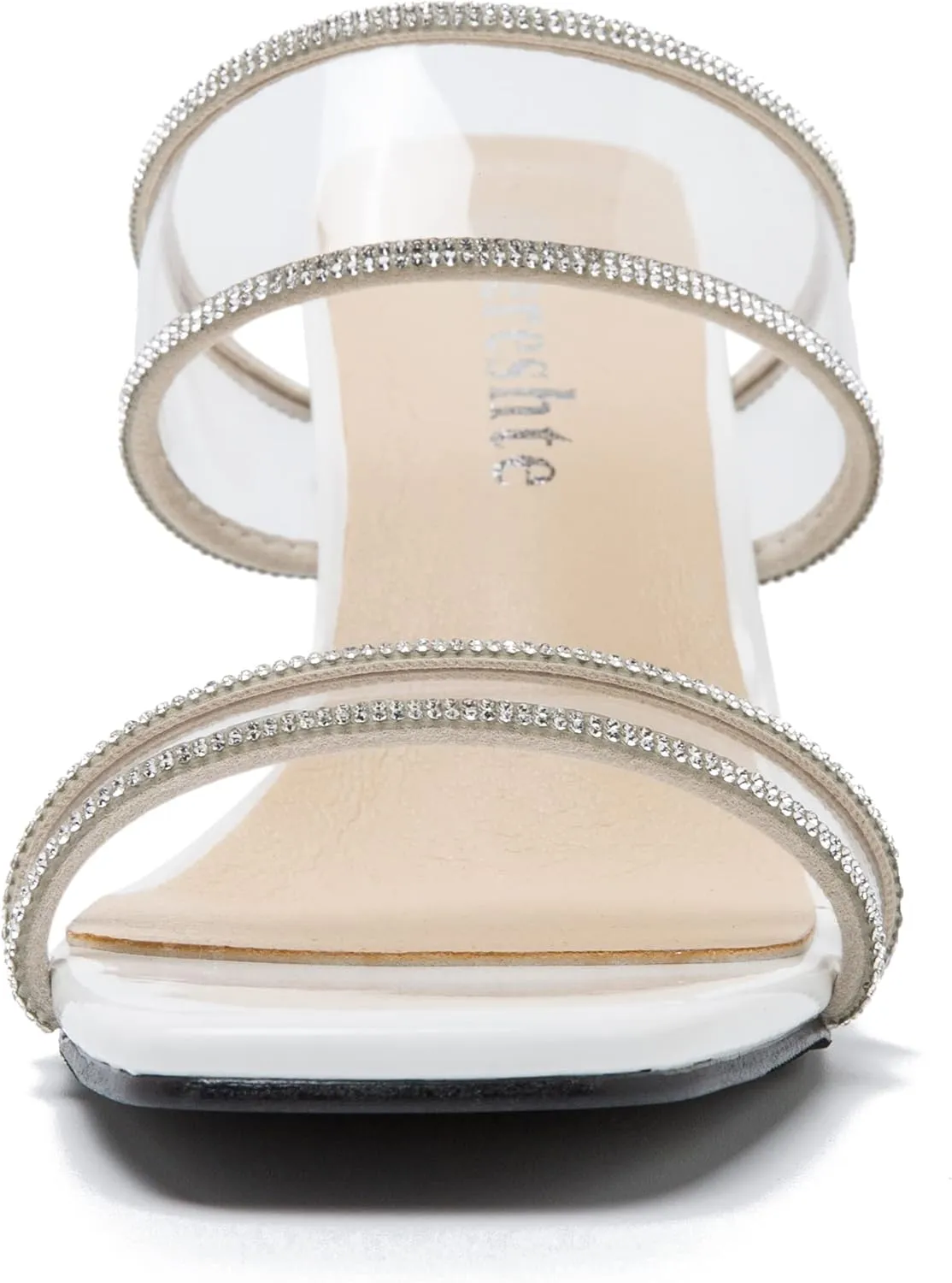 fereshte Women's Two Straps Clear Heels Slip On Square Toe Rhinestone Transparent Clear Block Heel Sandals