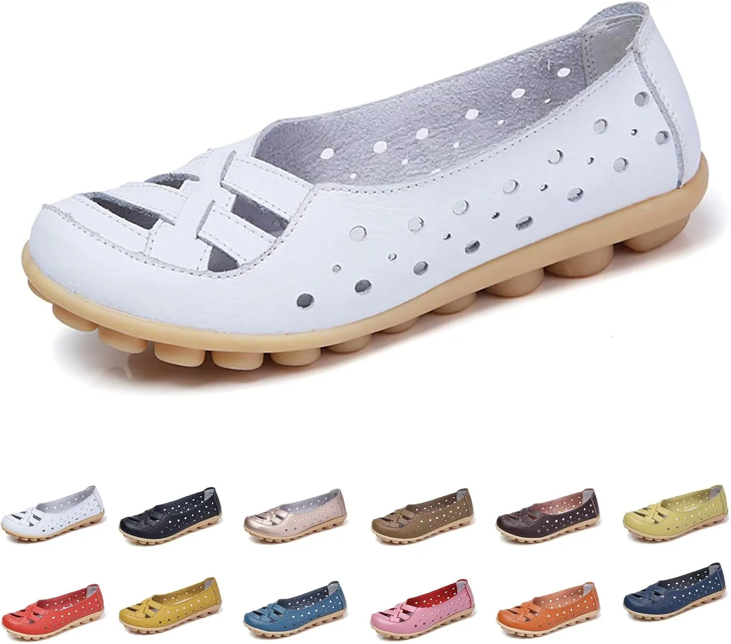 Flats for Women Comfort Loafers Breathable Closed Toe Sandals Leather Hollow Soft Summer Slip on Shoes Walking Office Driving Fashion Shoes