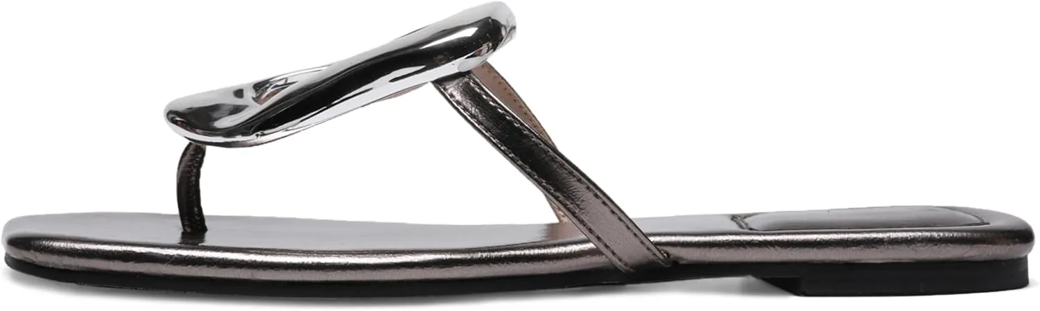 Flip-Flops Sandals for Women Comfortable Open Square Toe Slip on Beach Thong Sandals Casual Fashion Ladies Slipper Dressy Metal Decoration Summer Shoes.