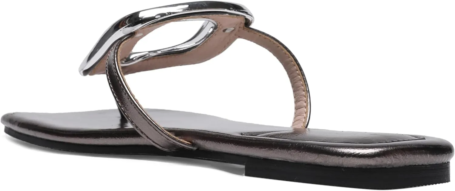 Flip-Flops Sandals for Women Comfortable Open Square Toe Slip on Beach Thong Sandals Casual Fashion Ladies Slipper Dressy Metal Decoration Summer Shoes.