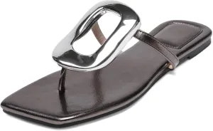 Flip-Flops Sandals for Women Comfortable Open Square Toe Slip on Beach Thong Sandals Casual Fashion Ladies Slipper Dressy Metal Decoration Summer Shoes.
