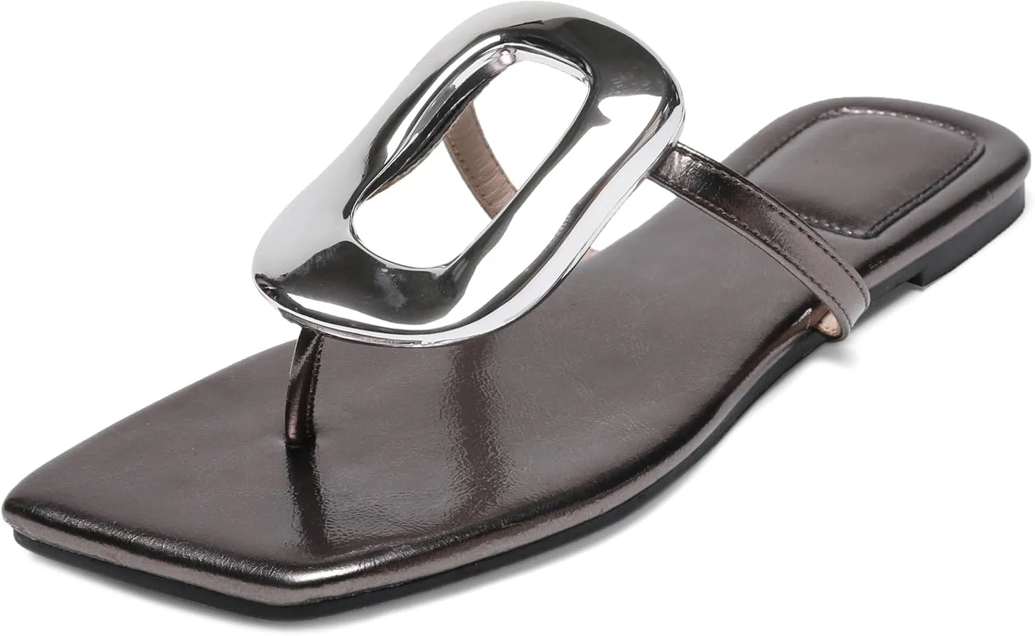 Flip-Flops Sandals for Women Comfortable Open Square Toe Slip on Beach Thong Sandals Casual Fashion Ladies Slipper Dressy Metal Decoration Summer Shoes.