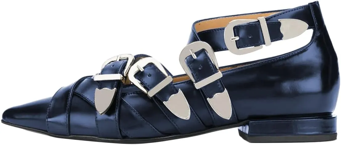 FSJ Women Pointed Toe Metal Buckle Design Flats Low Heel Loafers Strappy Criss Cross Lace-up Sweet Cool Trendy Pumps Shoes Size 4-16 US