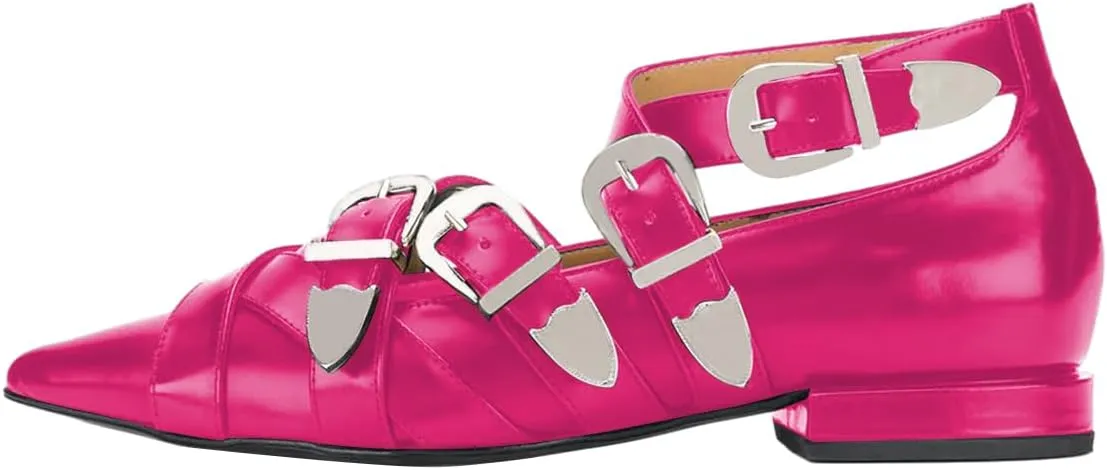 FSJ Women Pointed Toe Metal Buckle Design Flats Low Heel Loafers Strappy Criss Cross Lace-up Sweet Cool Trendy Pumps Shoes Size 4-16 US