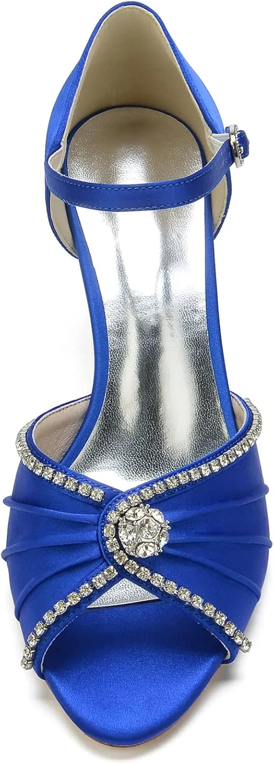 FufoneUS Wedding Heels Women's Peep Toe Ankle Strap Rhinestones Pleated Satin Wedding Dress Sandals