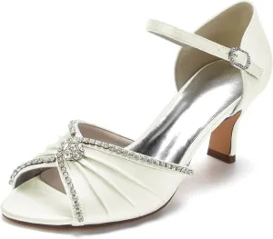 FufoneUS Wedding Heels Women's Peep Toe Ankle Strap Rhinestones Pleated Satin Wedding Dress Sandals