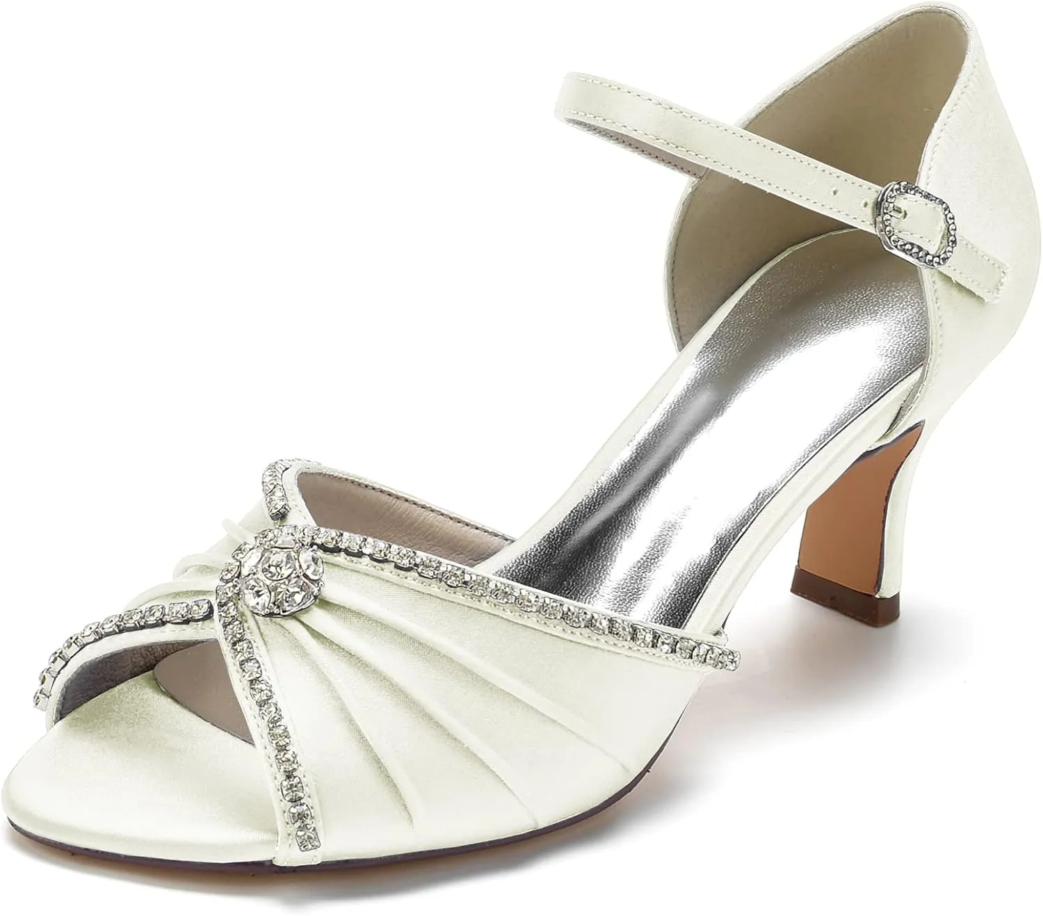 FufoneUS Wedding Heels Women's Peep Toe Ankle Strap Rhinestones Pleated Satin Wedding Dress Sandals