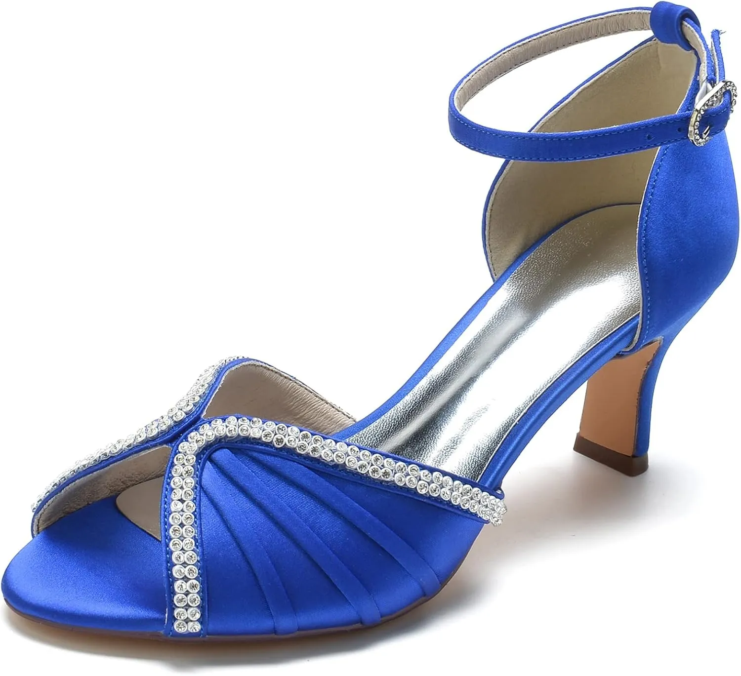 FufoneUS Women's Sandals Peep Toe Kitten Mid Heel Pumps Crystal Pleated Satin Wedding Dress Shoes,Blue,5