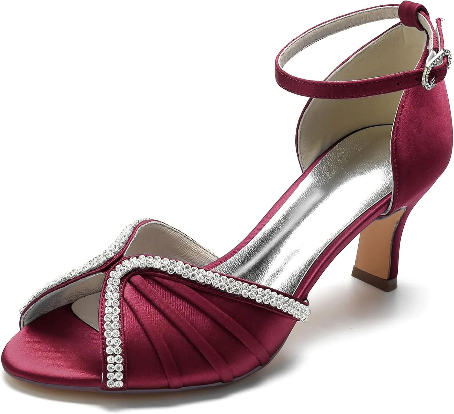 FufoneUS Women's Sandals Peep Toe Kitten Mid Heel Pumps Crystal Pleated Satin Wedding Dress Shoes,Burgundy,5