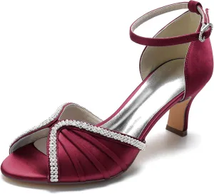 FufoneUS Women's Sandals Peep Toe Kitten Mid Heel Pumps Crystal Pleated Satin Wedding Dress Shoes,Burgundy,5