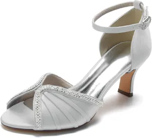 FufoneUS Women's Sandals Peep Toe Kitten Mid Heel Pumps Crystal Pleated Satin Wedding Dress Shoes,Silver,10