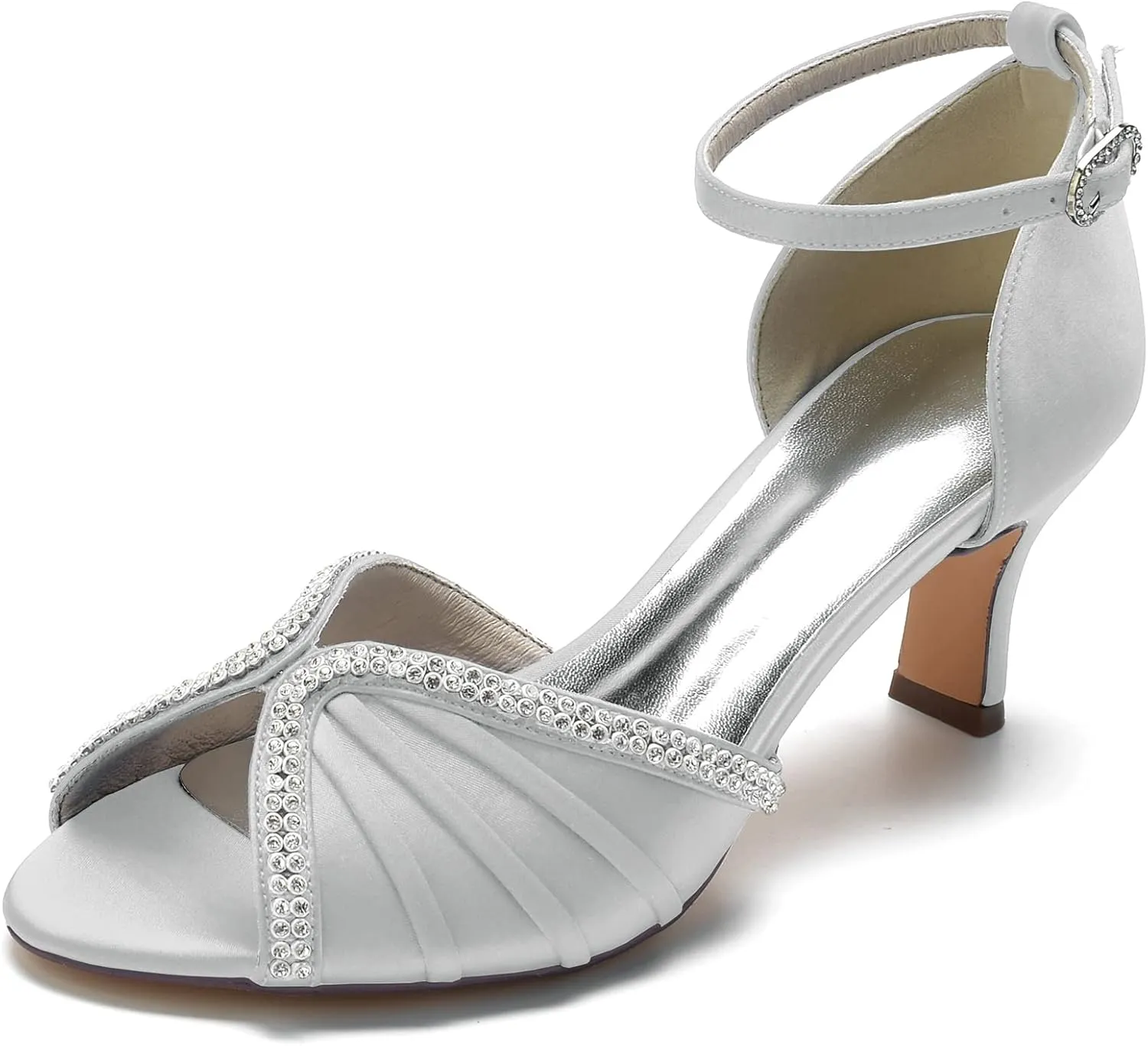 FufoneUS Women's Sandals Peep Toe Kitten Mid Heel Pumps Crystal Pleated Satin Wedding Dress Shoes,Silver,11