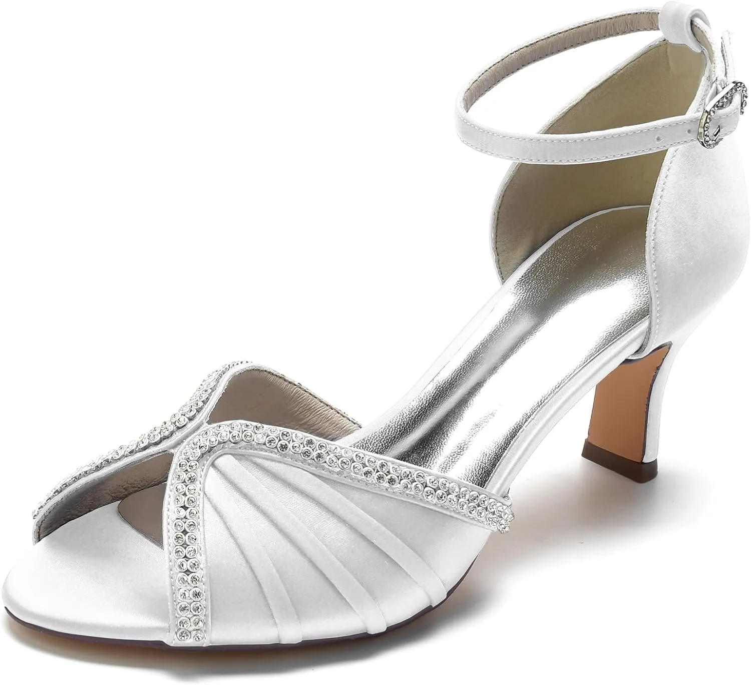 FufoneUS Women's Sandals Peep Toe Kitten Mid Heel Pumps Crystal Pleated Satin Wedding Dress Shoes,White,5
