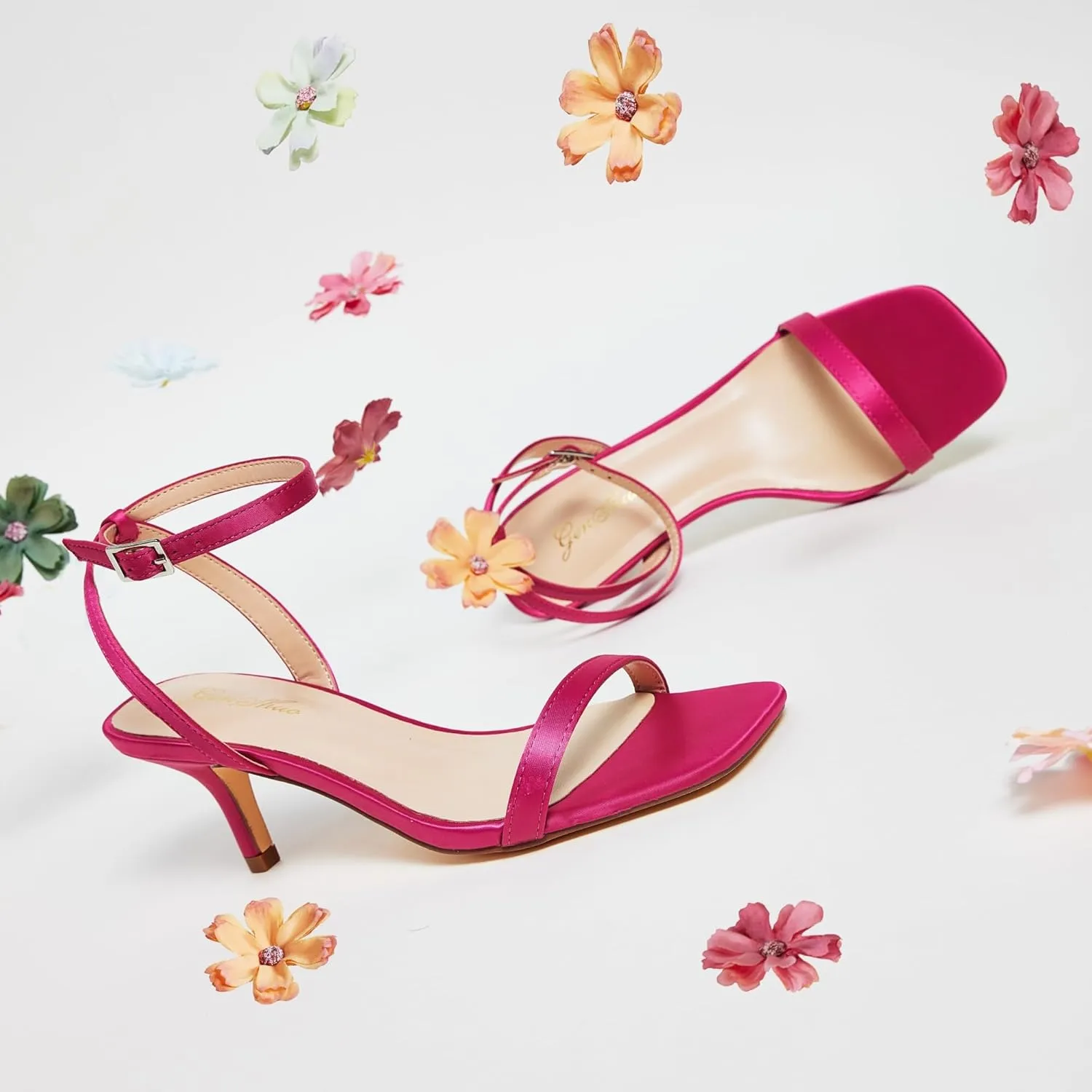 GENSHUO Women Stiletto Heeled Sandals Square Open Toe Ankle Strap Heels Sexy Strappy Dress High Heel Shoes