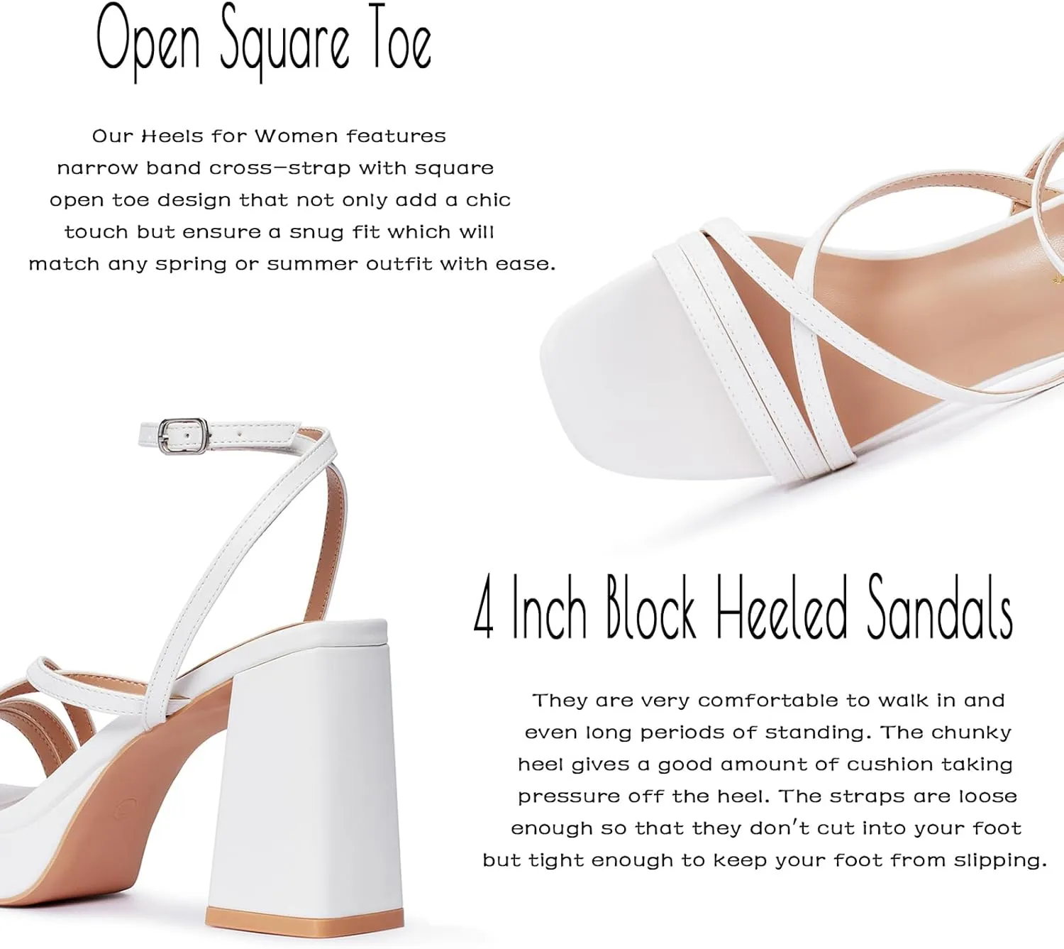 GENSHUO Women's Chunky Platform High Heel Sandals with Ankle Strap and Open Square Toe - 4 Inches Heels