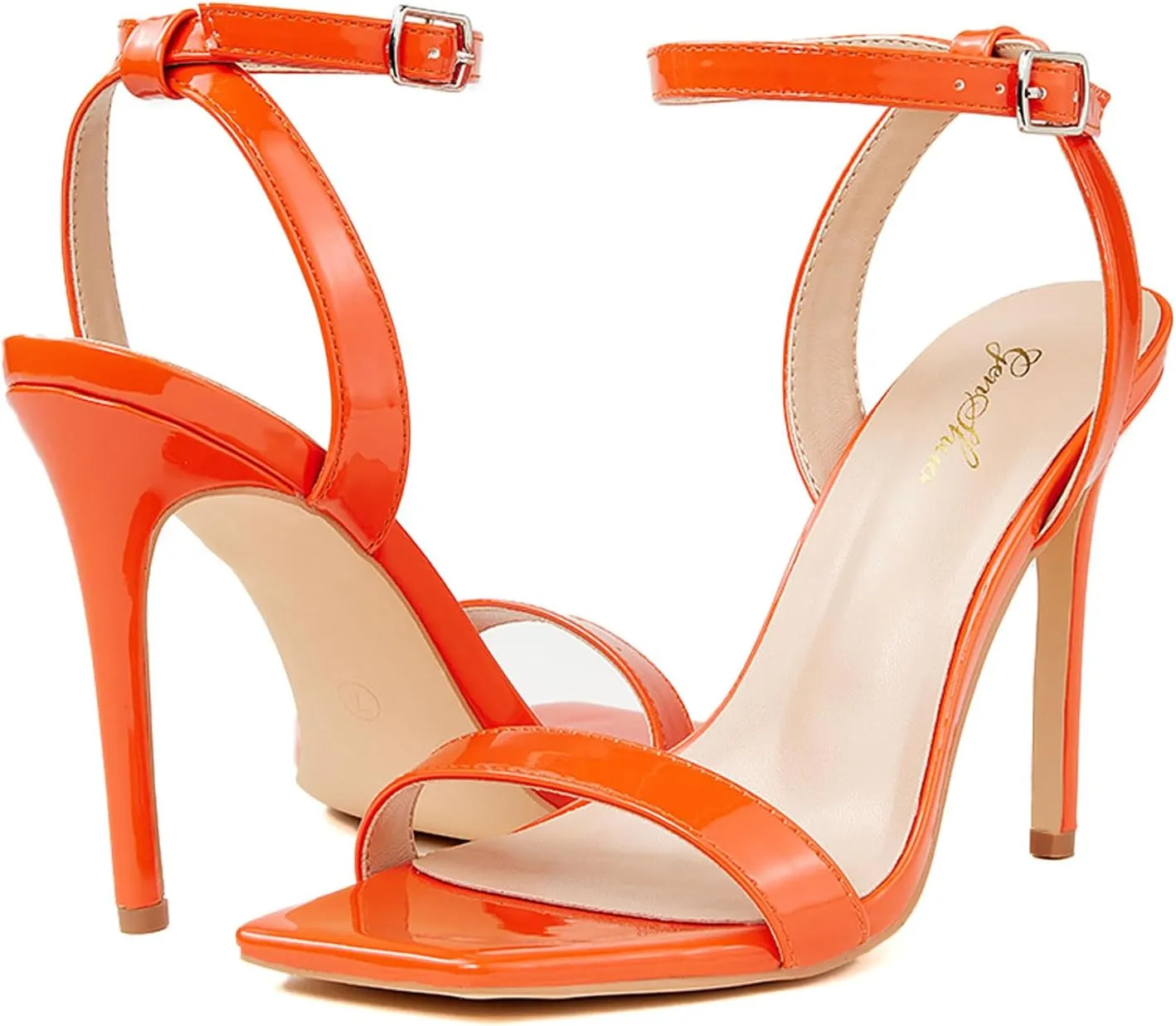 GENSHUO Women's High Heels Ankle Buckle Strap Stilettos Open Square Toe Dressy Sexy Strappy Sandals for Party Prom Homecoming Dressy Shoes