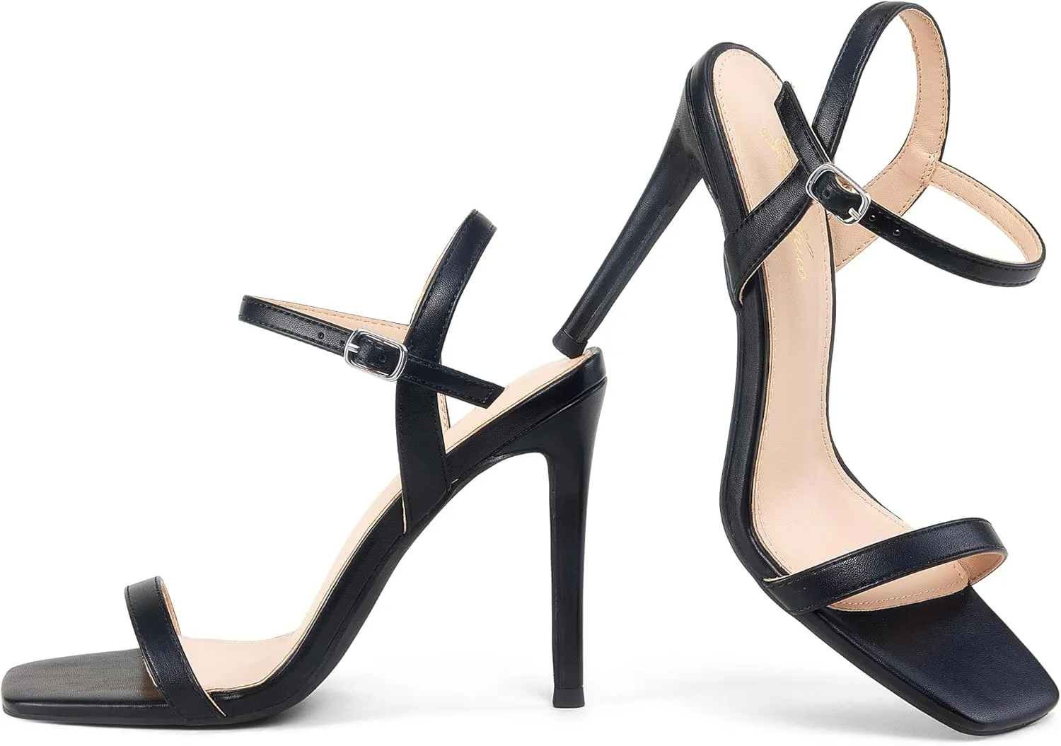 GENSHUO Women's Square Toe Strappy Stiletto Heels,4 Inch Open Toe Heel Sandals Ankle Strap Buckle Sexy High Heeled Prom Party Wedding Daily Wear Dress Shoes