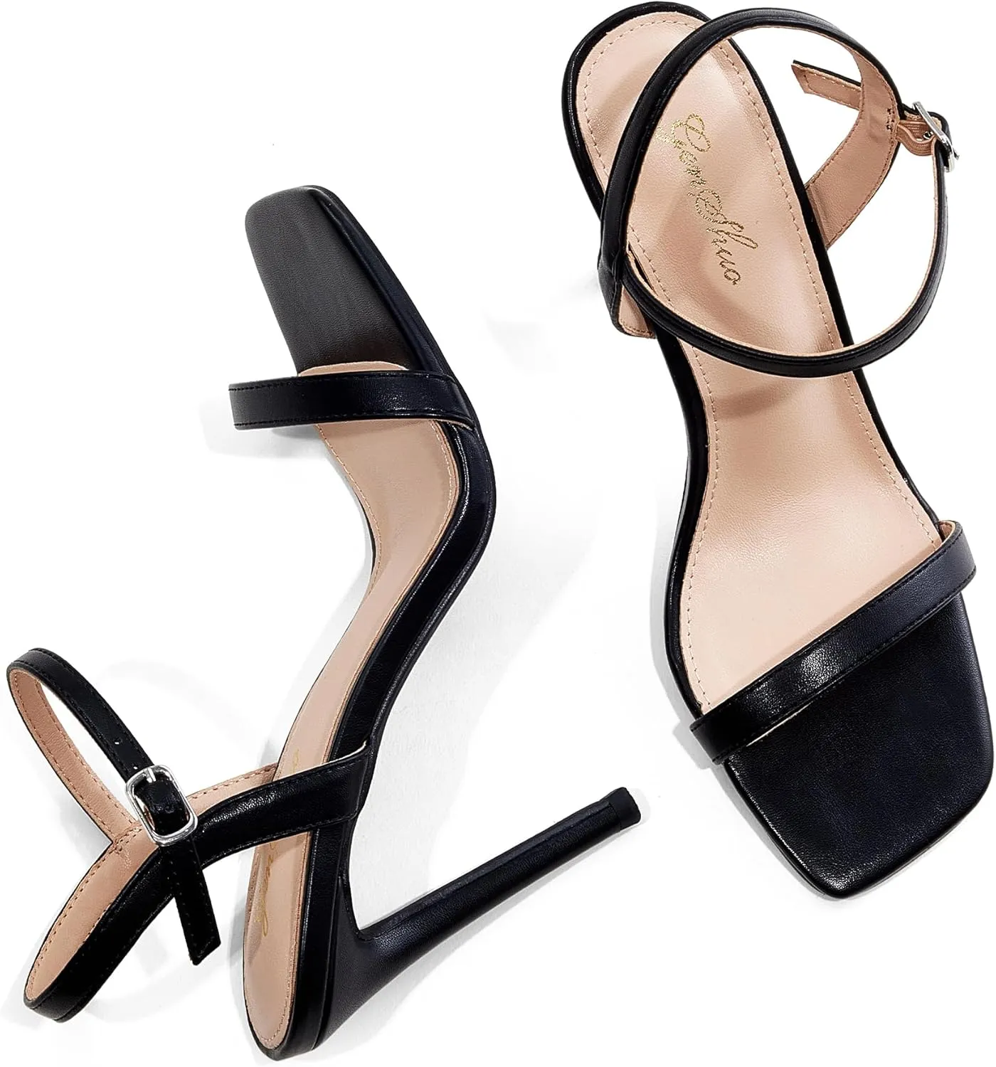 GENSHUO Women's Square Toe Strappy Stiletto Heels,4 Inch Open Toe Heel Sandals Ankle Strap Buckle Sexy High Heeled Prom Party Wedding Daily Wear Dress Shoes