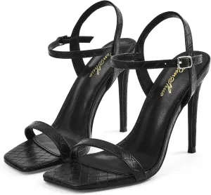 GENSHUO Women's Square Toe Strappy Stiletto Heels,4 Inch Open Toe Heel Sandals Ankle Strap Buckle Sexy High Heeled Prom Party Wedding Daily Wear Dress Shoes
