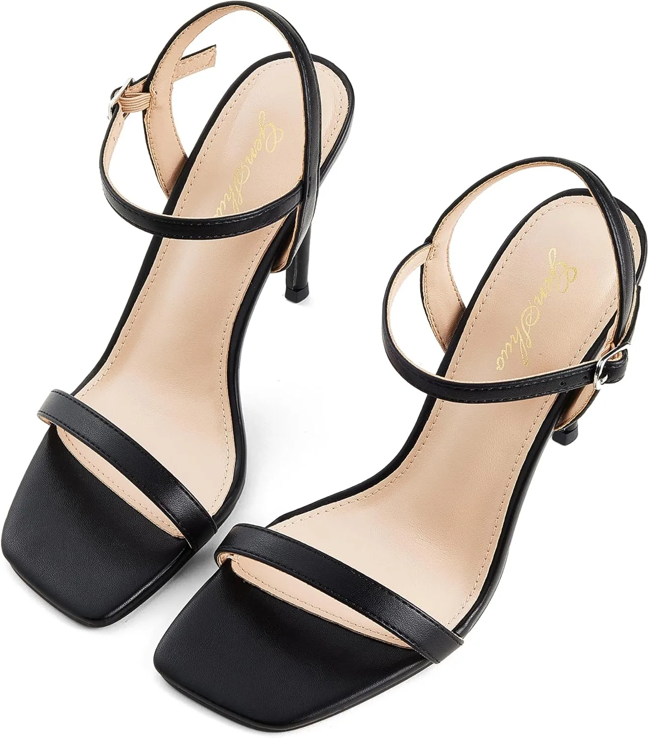 GENSHUO Women's Square Toe Strappy Stiletto Heels,4 Inch Open Toe Heel Sandals Ankle Strap Buckle Sexy High Heeled Prom Party Wedding Daily Wear Dress Shoes
