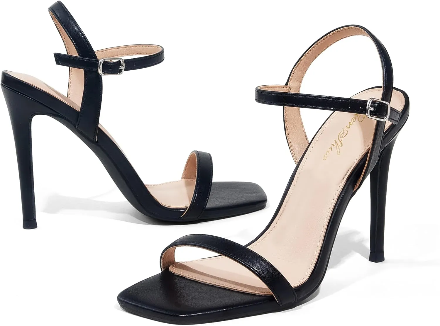 GENSHUO Women's Square Toe Strappy Stiletto Heels,4 Inch Open Toe Heel Sandals Ankle Strap Buckle Sexy High Heeled Prom Party Wedding Daily Wear Dress Shoes