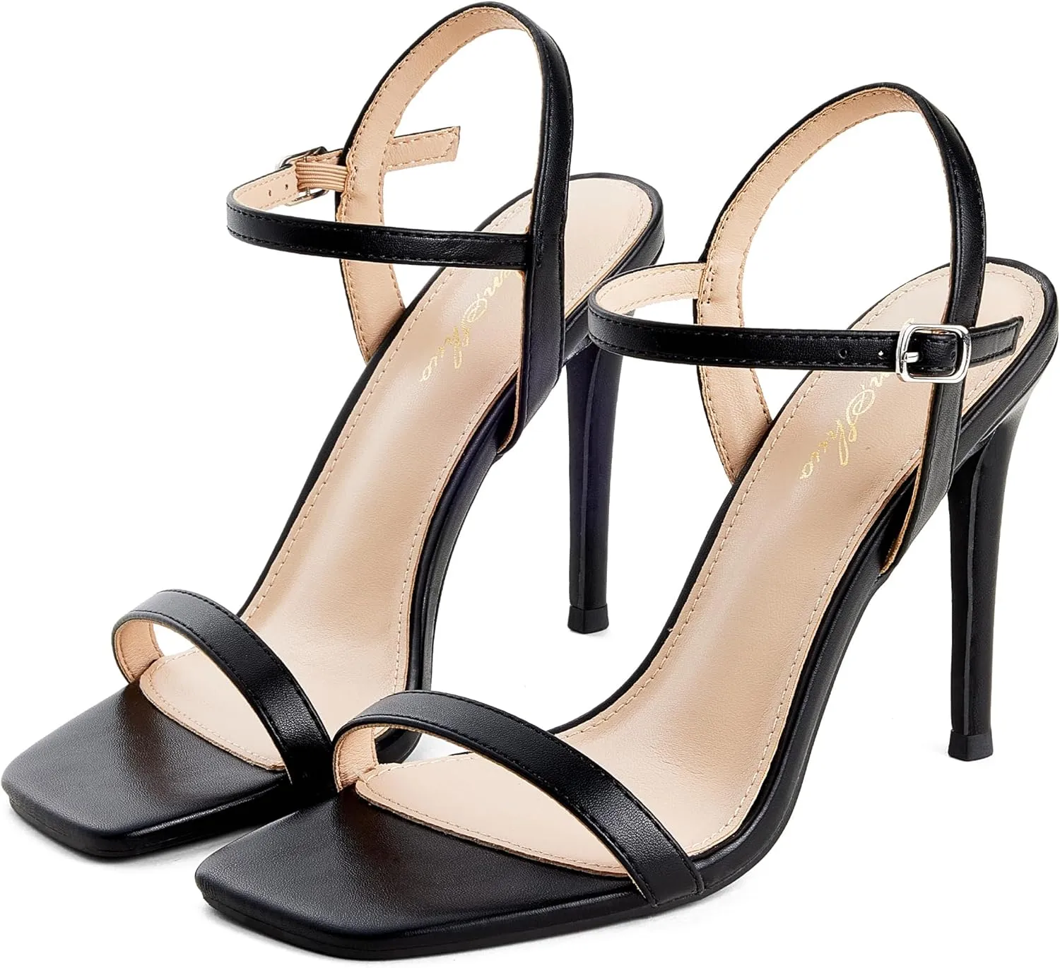 GENSHUO Women's Square Toe Strappy Stiletto Heels,4 Inch Open Toe Heel Sandals Ankle Strap Buckle Sexy High Heeled Prom Party Wedding Daily Wear Dress Shoes