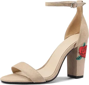 Gicoiz Women Classic Open Toe Embroidered Block Heel Sandals