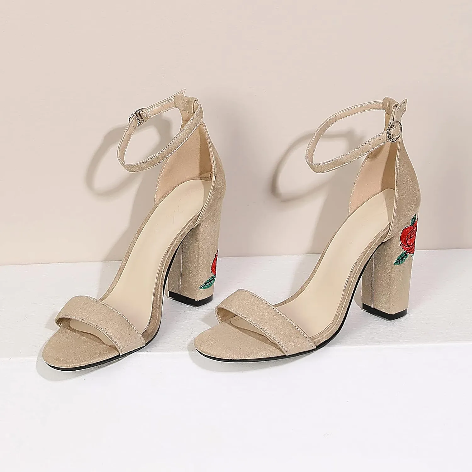 Gicoiz Women Classic Open Toe Embroidered Block Heel Sandals