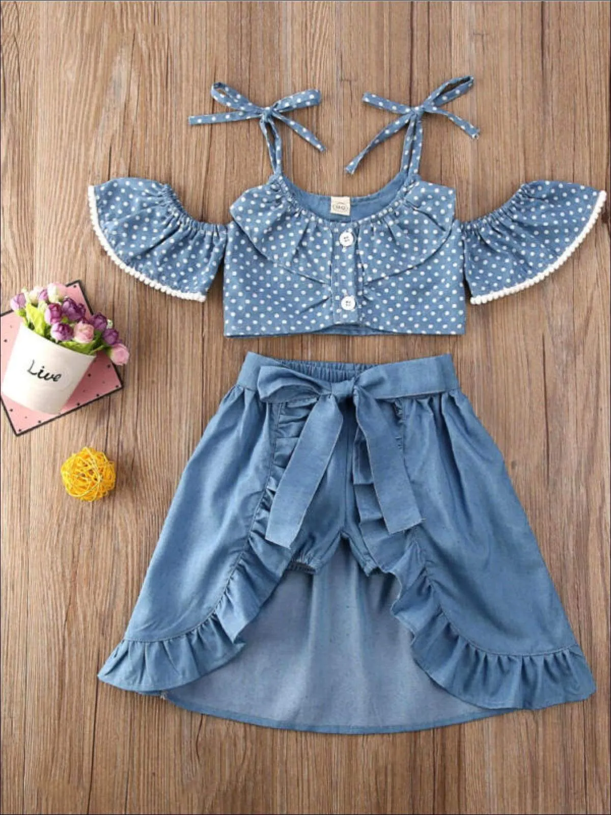 Girls Polka Dot Top and Denim Shorts With Skirt Overlay Set