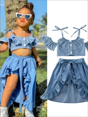 Girls Polka Dot Top and Denim Shorts With Skirt Overlay Set