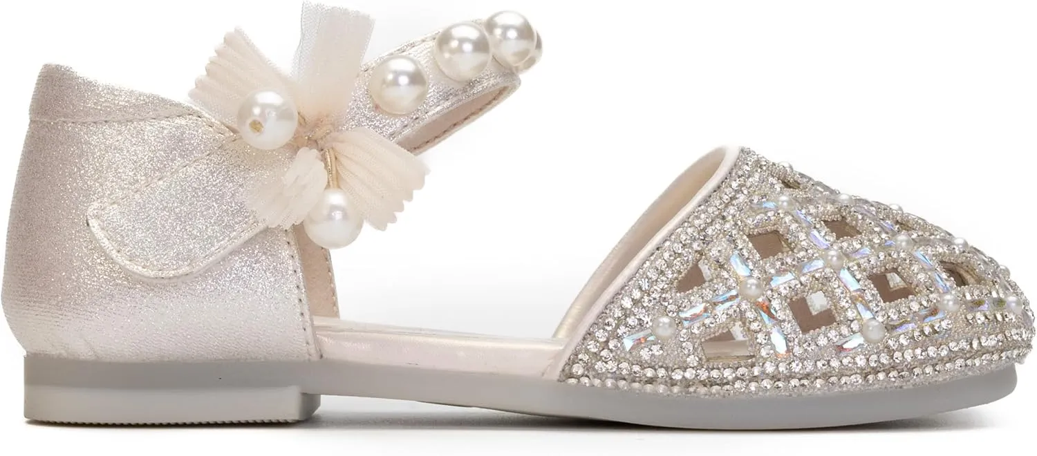 Girls Princess Dress Shoes with Pearls and Glitter – Flat Party Shoes for Toddlers & Little Kids – Sparkly Closed-Toe Mary Janes for Wedding or Birthday
