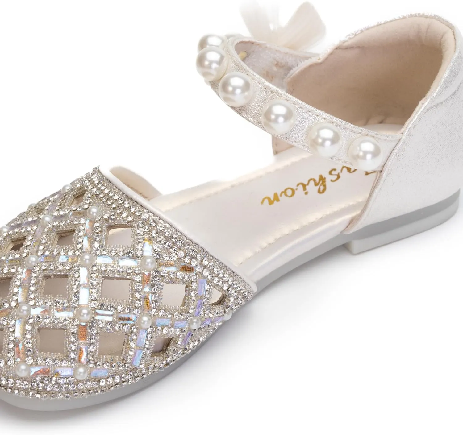 Girls Princess Dress Shoes with Pearls and Glitter – Flat Party Shoes for Toddlers & Little Kids – Sparkly Closed-Toe Mary Janes for Wedding or Birthday