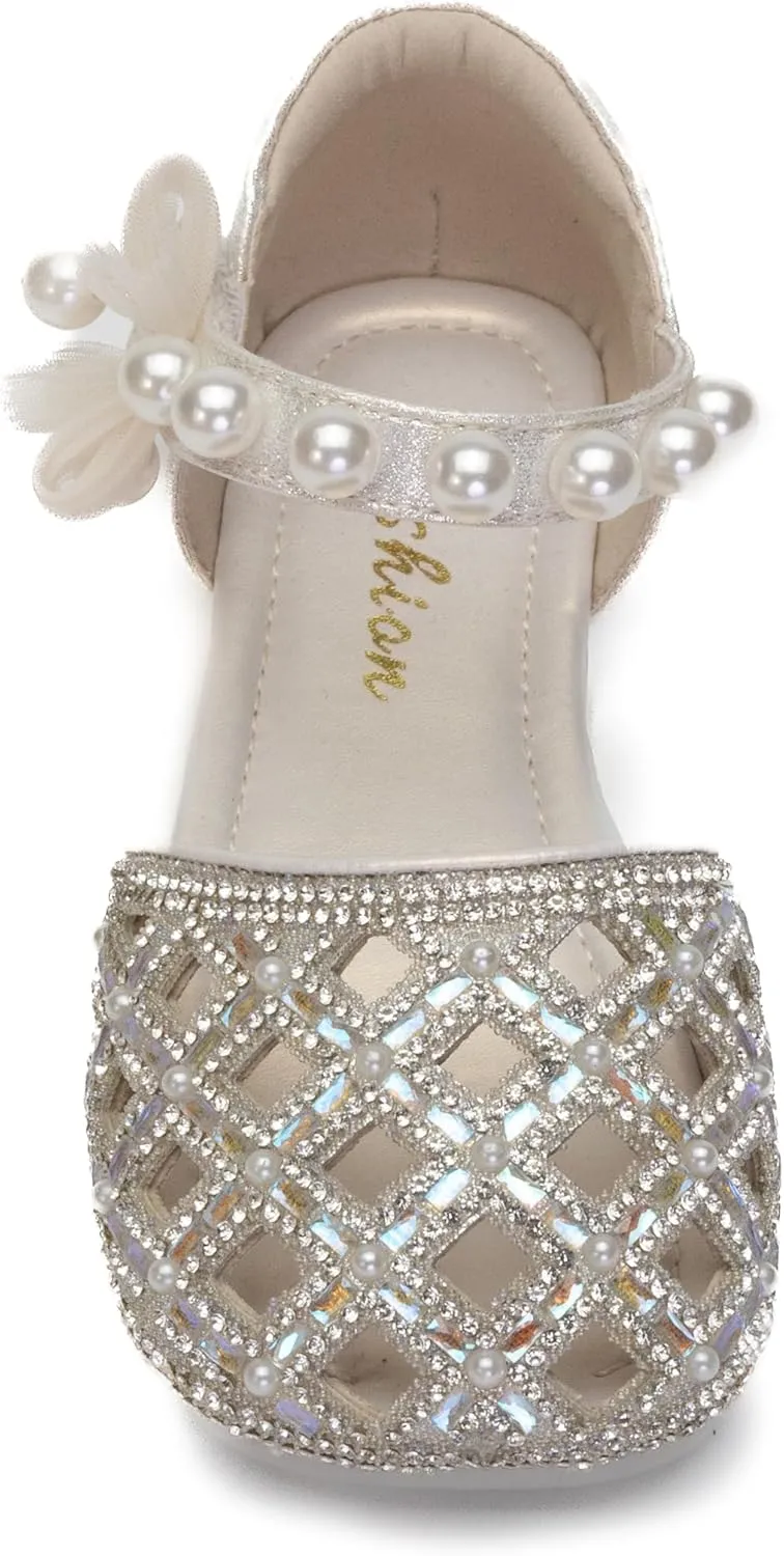 Girls Princess Dress Shoes with Pearls and Glitter – Flat Party Shoes for Toddlers & Little Kids – Sparkly Closed-Toe Mary Janes for Wedding or Birthday