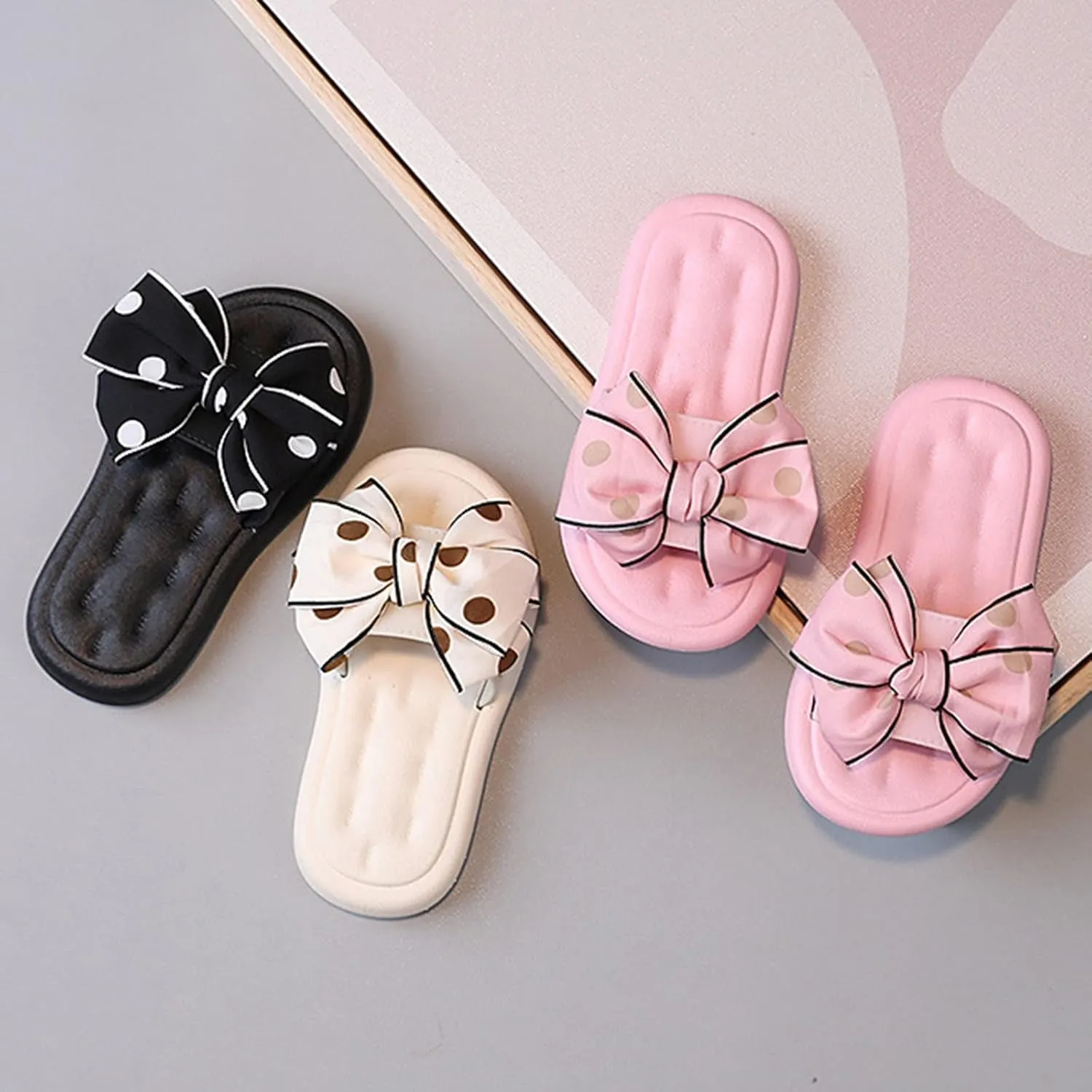Girls Slippers Polka Dot Print Bow Flat Sandals Sliders Kids Baby Girls Summer Open Toe Beach Pool Non-slip Sandals